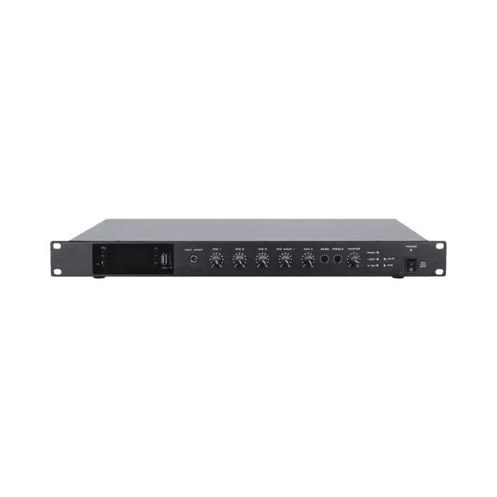 Amplificador de Audio | 1 canal | 350 W | Sistema 100V y Baja Impedancia | 4 Entradas de Micrófono Balanceadas | Bluetooth | USB | SD | FM | Montaje en Rack ...