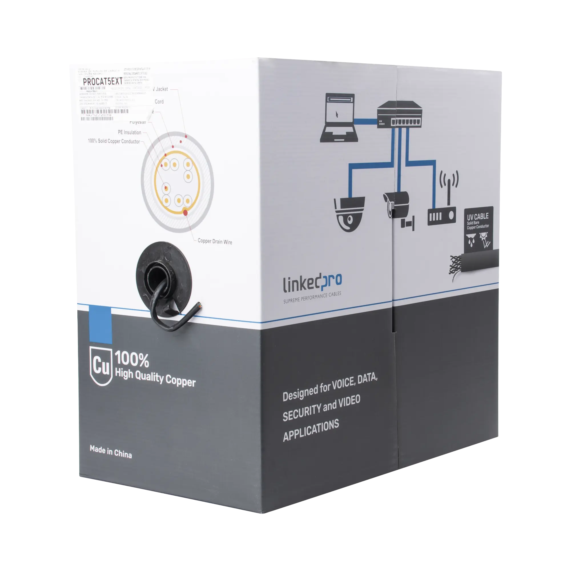 PRO-CAT-5-EXT-PROCAT5EXT-h Bobina de cable de 305 m, Cat5e , FTP, blindado, color negro, UL, para aplicaciones en video vigilancia, redes de datos. Uso en Intemperie LINKEDPRO BY EPCOM... - Imagen 1