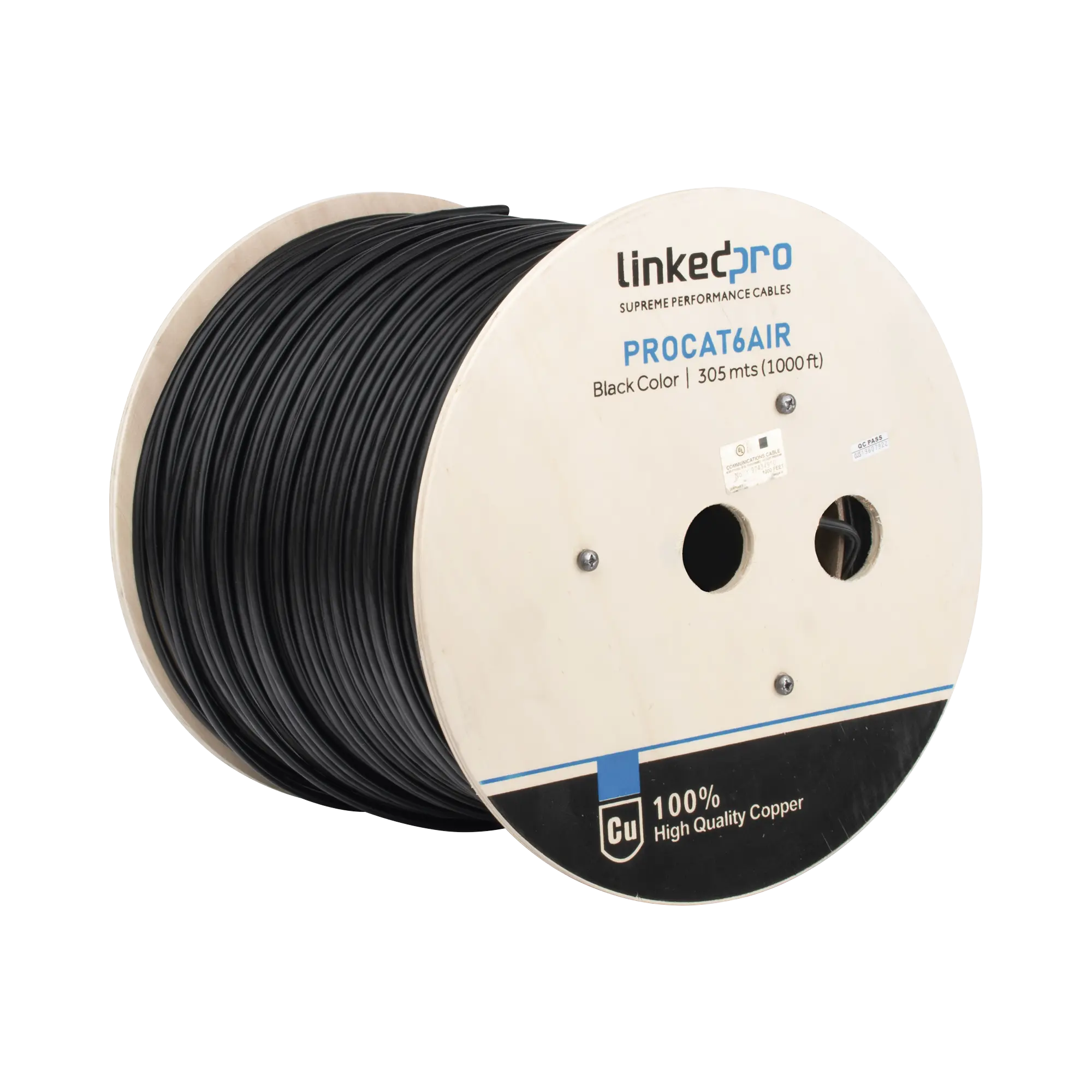 PRO-CAT-6-AIR-PROCAT6AIR-h Bobina de cable FTP con Mensajero de Acero de 305 m Cat6+ CALIBRE 23, color negro, para aplicaciones en video vigilancia y redes de datos / Uso en Intemperie... - Imagen 1