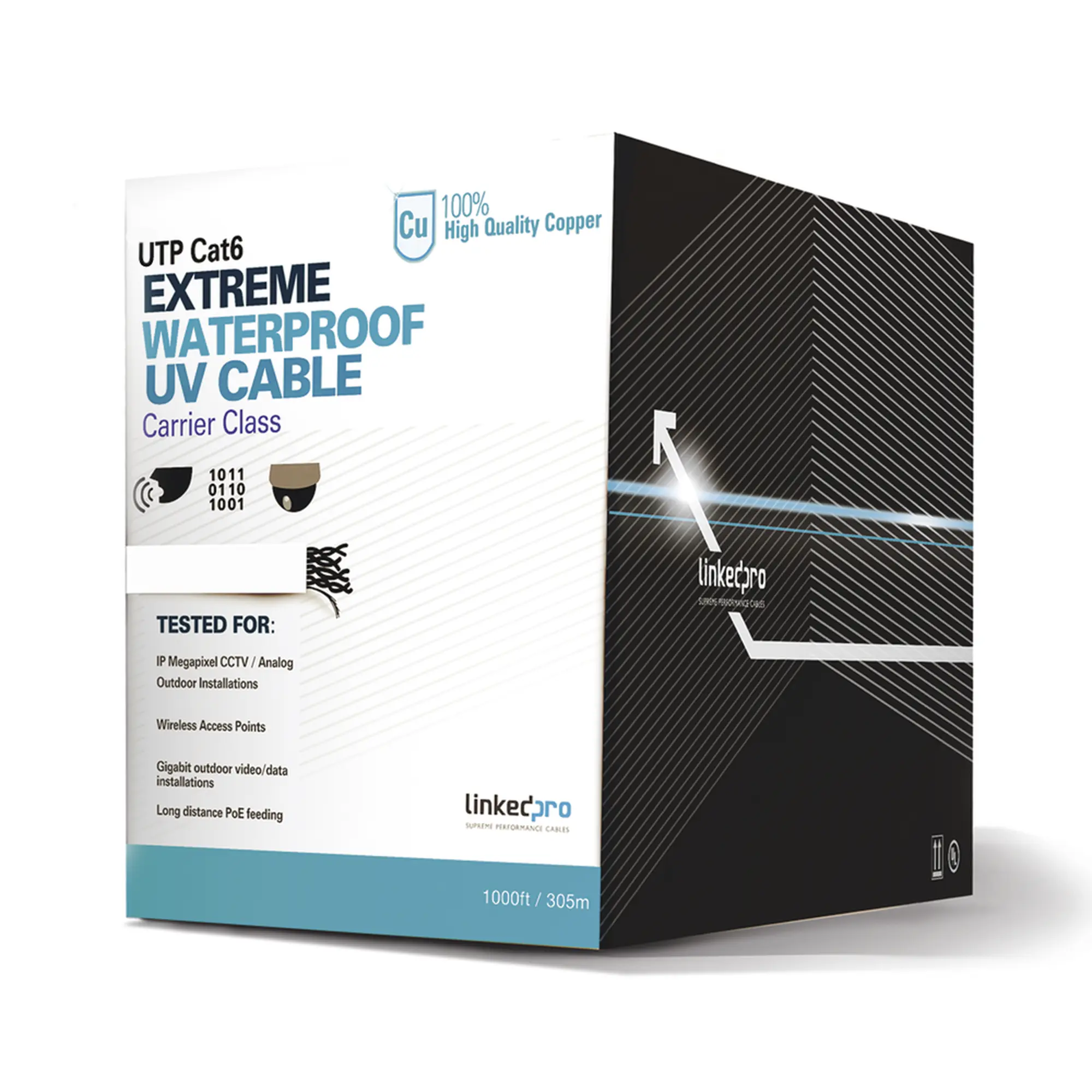 PRO-CAT-6-EXT-LITEW-PROCAT6EXTLITEW-h Bobina de cable de 305 m, Cat6, para intemperie, sin blindar, color blanco, UL, para aplicaciones en CCTV y redes de datos. Requiere tubería para su correcta... - Imagen 1