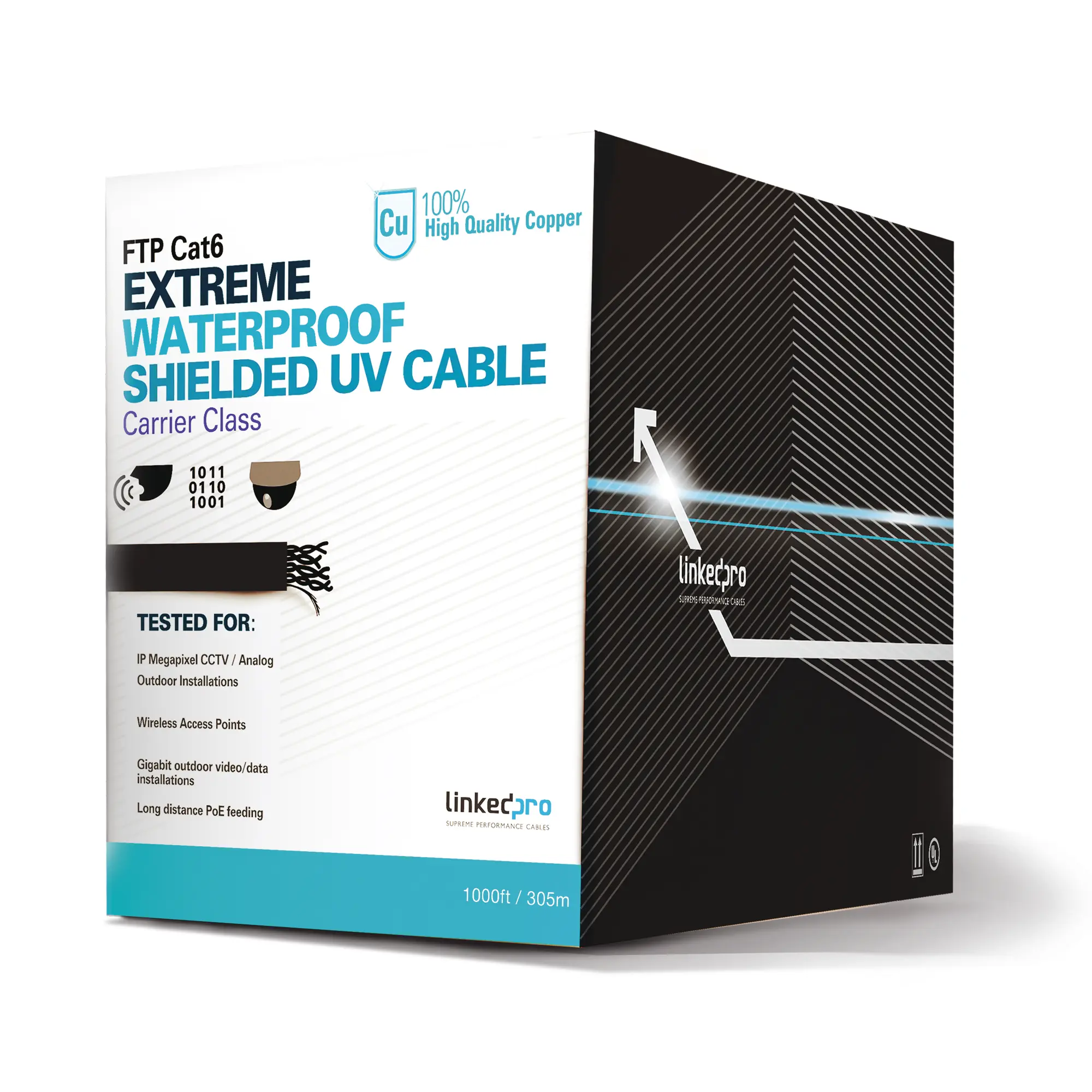 PRO-CAT-6-EXT-PROCAT6EXT-h Bobina de cable de 305 Metros Cat6+ CALIBRE 23 Exterior Blindado tipo FTP para CLIMAS EXTREMOS, UL, color Negro, LINKEDPRO BY EPCOM PRO-CAT-6-EXT - Imagen 1