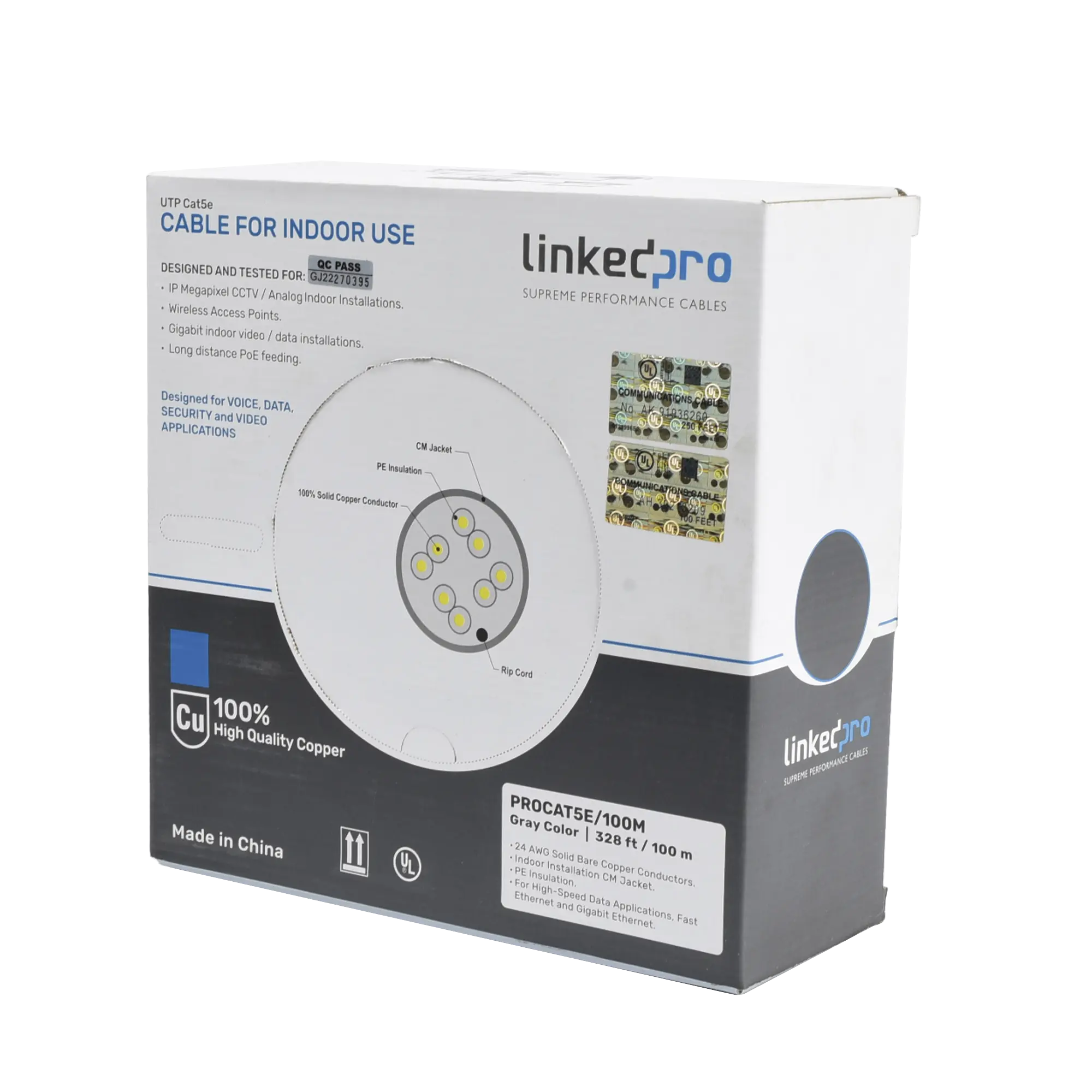 pro-cat-5e-100m-PROCAT5E_100M-h Cable Cat5e de alto rendimiento, con certificaciones ETL, UL, color gris, de 100 m ( 328 ft ) para aplicaciones en CCTV, redes de datos. Uso interior. LINKED... - Imagen 1