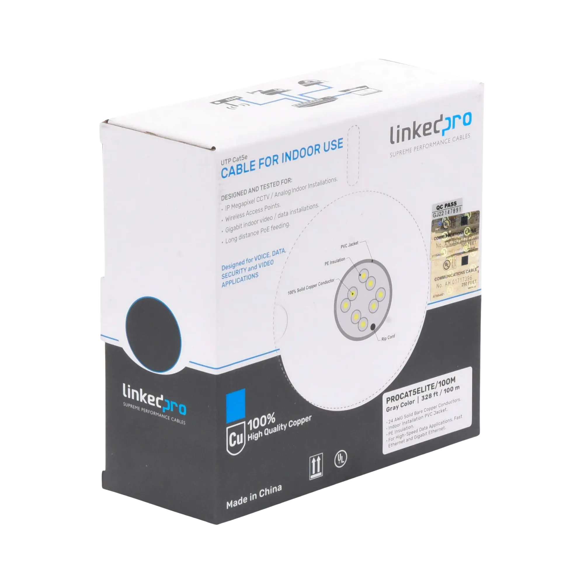 pro-cat-5e-lite-100m-PROCAT5ELITE_100M-h Bobina de cable de 100m, Cat5e, 24 AWG, color Gris, UL, para aplicaciones en videovigilancia, redes de datos. Uso Interior LINKEDPRO BY EPCOM PRO-CAT-5E-LITE... - Imagen 1