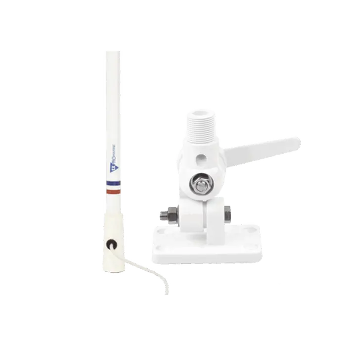 Antena marina VHF en fibra de vidrio en rango de 156 a 163 MHz con 4.5 metros de cable, Incluye: montaje de trinquete de nylon y conector PL-259 macho. TXPRO...