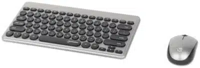Manhattan Un solo receptor USB-A Nano para ambos, teclado inalámbrico con 12 teclas multimedia/función, mouse óptico ambidiestro con tres botones y rueda de desplazamiento, 1200 ppp, negro/plateado