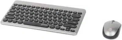 Manhattan Un solo receptor USB-A Nano para ambos, teclado inalámbrico con 12 teclas multimedia/función, mouse óptico ambidiestro con tres botones y rueda de desplazamiento, 1200 ppp, negro/plateado - Imagen 2