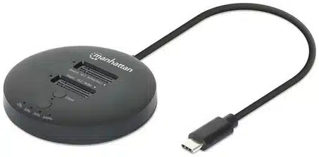 753cdd05ab0ffb87958958dac4f75350cf12b3c9-3 Manhattan Estación de acoplamiento y clonación de SSD M.2 NVMe. Base para duplicar o acceder a unidades M.2, con cable integrado USB-C SuperSpeed+ a 10 Gbps (USB 3.2 Gen 2), para unidades SSD 2230/2242/2260/2280/22110 con llave M o llave B+M, negro - Imagen 1