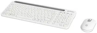 Manhattan Ambos dispositivos admiten Bluetooth® 5.0 y 2.4 GHz inalámbricos, un único receptor USB-A Nano para ambos, elegante teclado inalámbrico con 12 teclas multimedia/función, mouse óptico ambidiestro con tres botones y rueda de desplazamiento, 1200 ppp, blanco