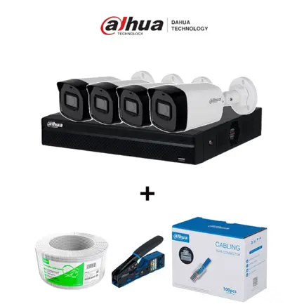 Camara Dahua NVR1104HS P S3 NVR 4CH 4 Cámaras IPC B1E20 Bobina 100m 100 Plugs Pinza de Corte DHI-NVR1104HS-P-S3/H + DH-IPC-B1E20