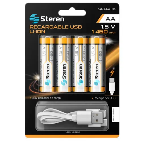 4 BATERIAS RECARGABLES STEREN USB LI-ION AA 1460 BAT-LI-AA4 USB