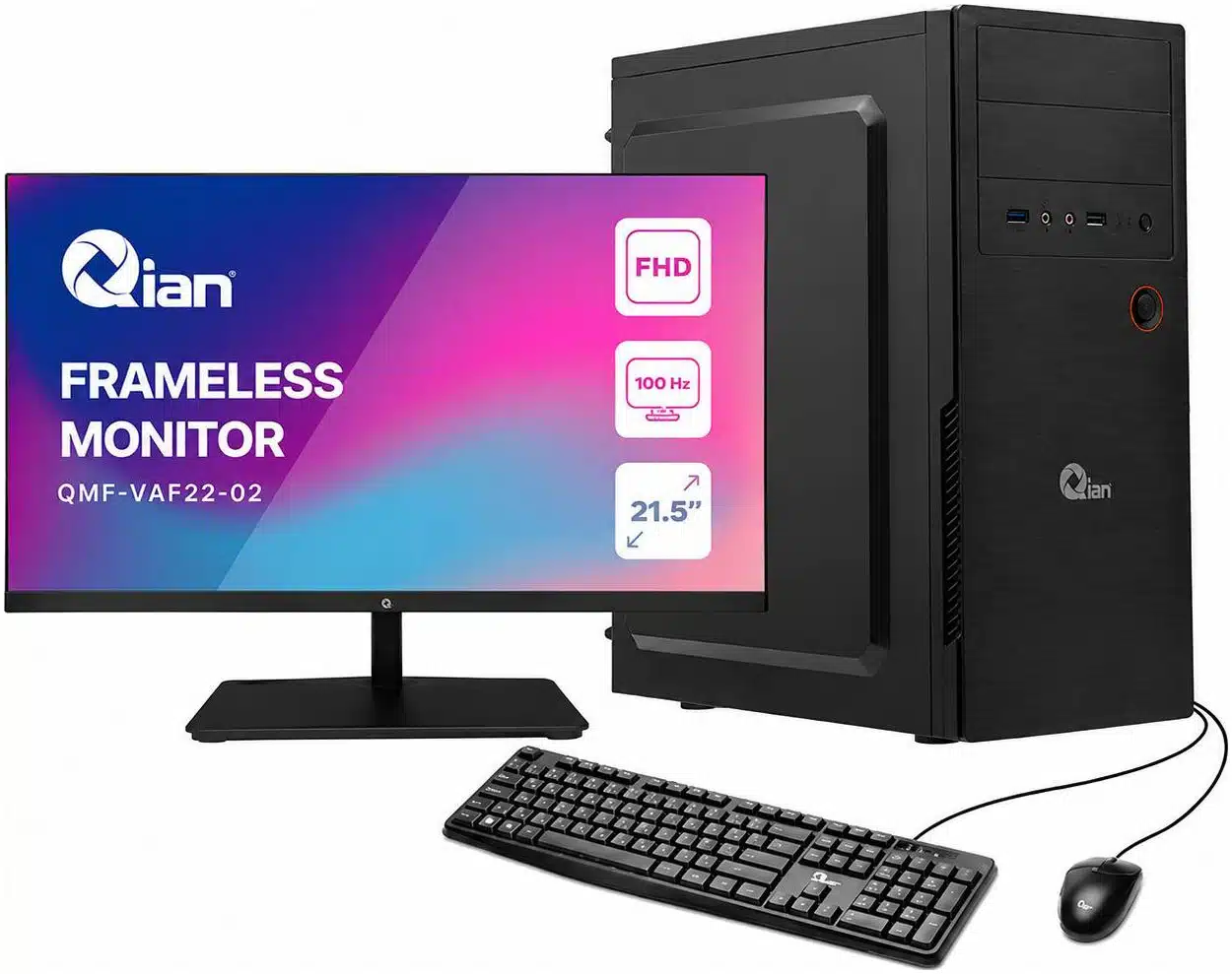 CPUQIA910_full Kit PC Office - monitor 22, regulador QIAN, gabinete QIAN Mat 01/ PSU 500W. Mouse y teclado QPI-OP340TA-48M - Imagen 1