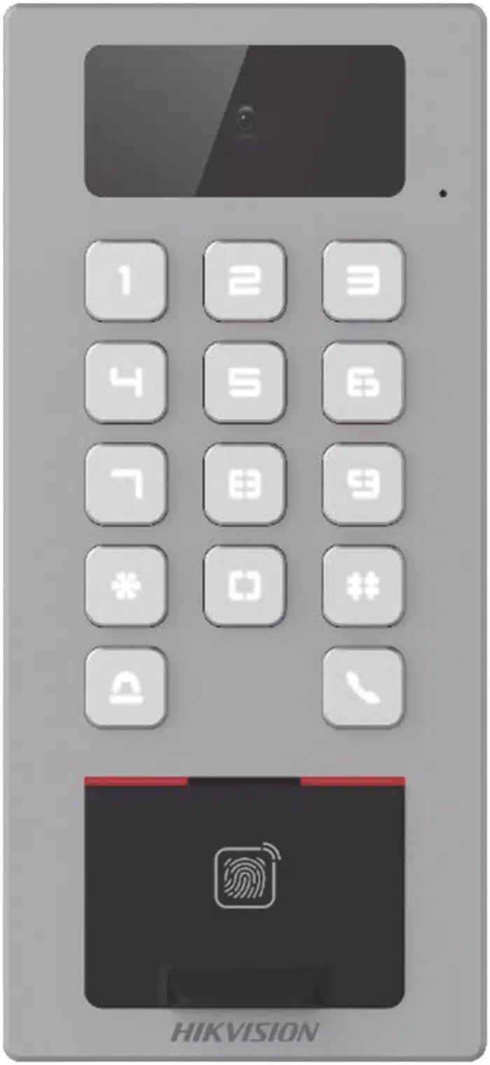 (PoE / 2 Relays) Terminal de Control de Acceso / Videoportero Multiapartamento Llamada a App / Teclado / Exterior Antivandálico IP65 & IK09 / Huella, Tarjeta, Código QR, PIN o App Hik-Connect  / Cámara 2 MP compatible con NVRs