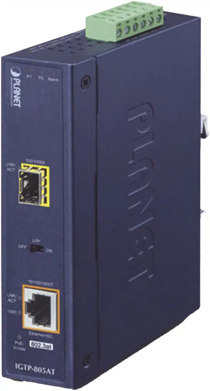 Convertidor de Medios PoE Industrial, Puerto SFP 1000BASE-SX/LX a Puerto RJ45 Gigabit con Salida PoE 802.3at (Hasta 30 W).