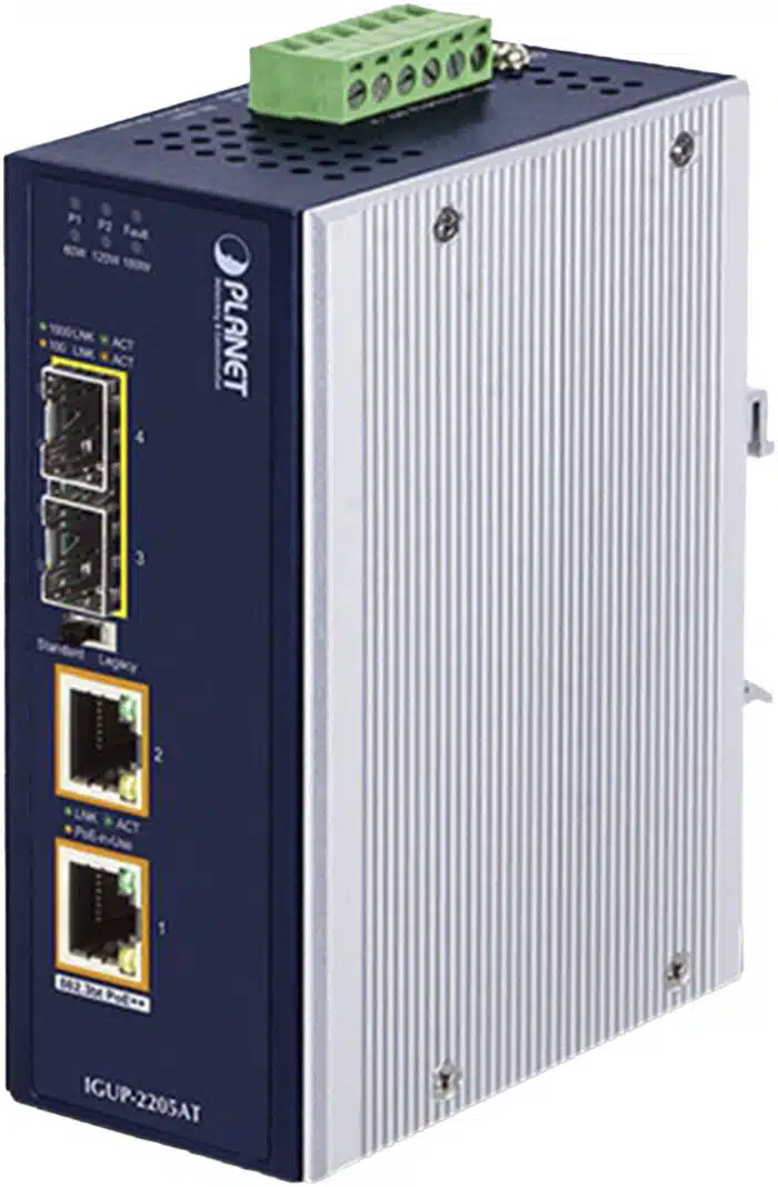 Convertidor de Medios Industrial de 2 Puertos SFP 100/1000X a 2 Puertos RJ45 10/100/1000T 802.3bt PoE++