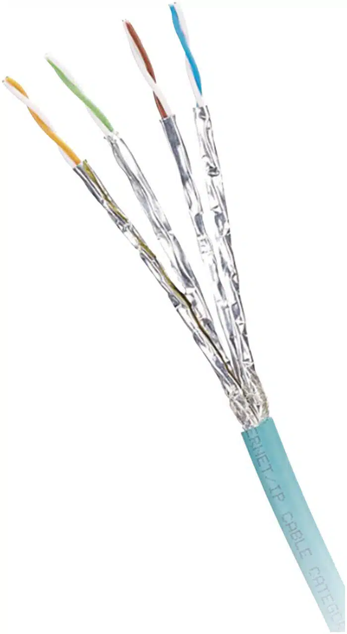Bobina de Cable Blindado S/FTP Categoría 6A, Uso Industrial con Resistencia al Aceite, Rayos UV y Abrasión, Multifilar (Flexible), Color Azul Cerceta, Bobina de 500 Metros (1640 Pies)