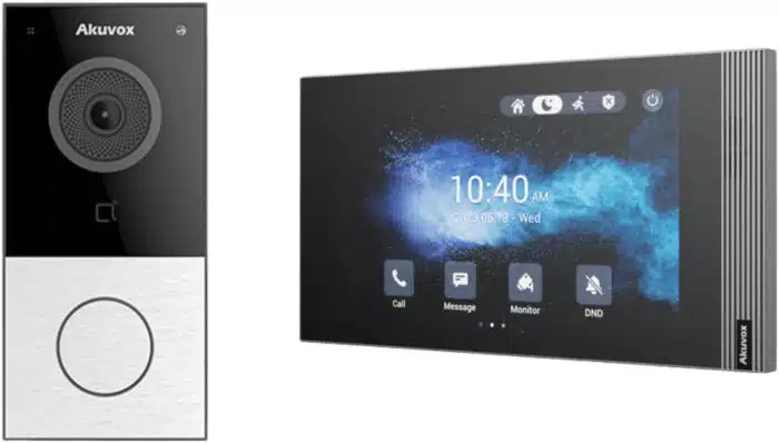 Kit Akuvox WIFI E12W + S562W / 100% en la Nube / POE / Bluetooth / NFC / Lector de Tarjetas MIFARE / ONVIF / IP65 / Cámara 2 MP / Botón con Iluminación / Control de 1 Puerta / Entradas de Alarma