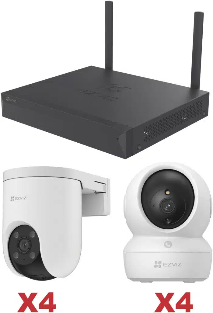 Kit de cámaras Wi-Fi / 3 Megapixel / Incluye 8 Cámaras (4 camaras Para Interior y 4 Cámaras Para Exterior) / 1 NVR WI-FI 8 Canales / Vision Nocturna a Color / Detección de Humanos
