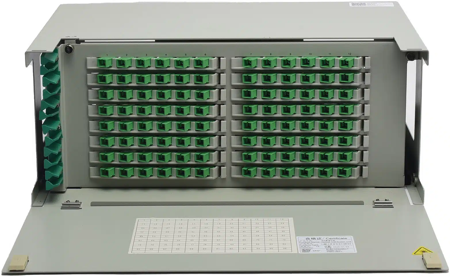 Distribuidor de Fibra Óptica para 96 Empalmes, con 96 Acopladores SC/APC y 96 Pigtails, 19, 4 UR Distribuidor de Fibra Óptica para 96 Empalmes, con 96 Acopladores SC/APC y 96 Pigtails, 19, 4 UR - Imagen 1