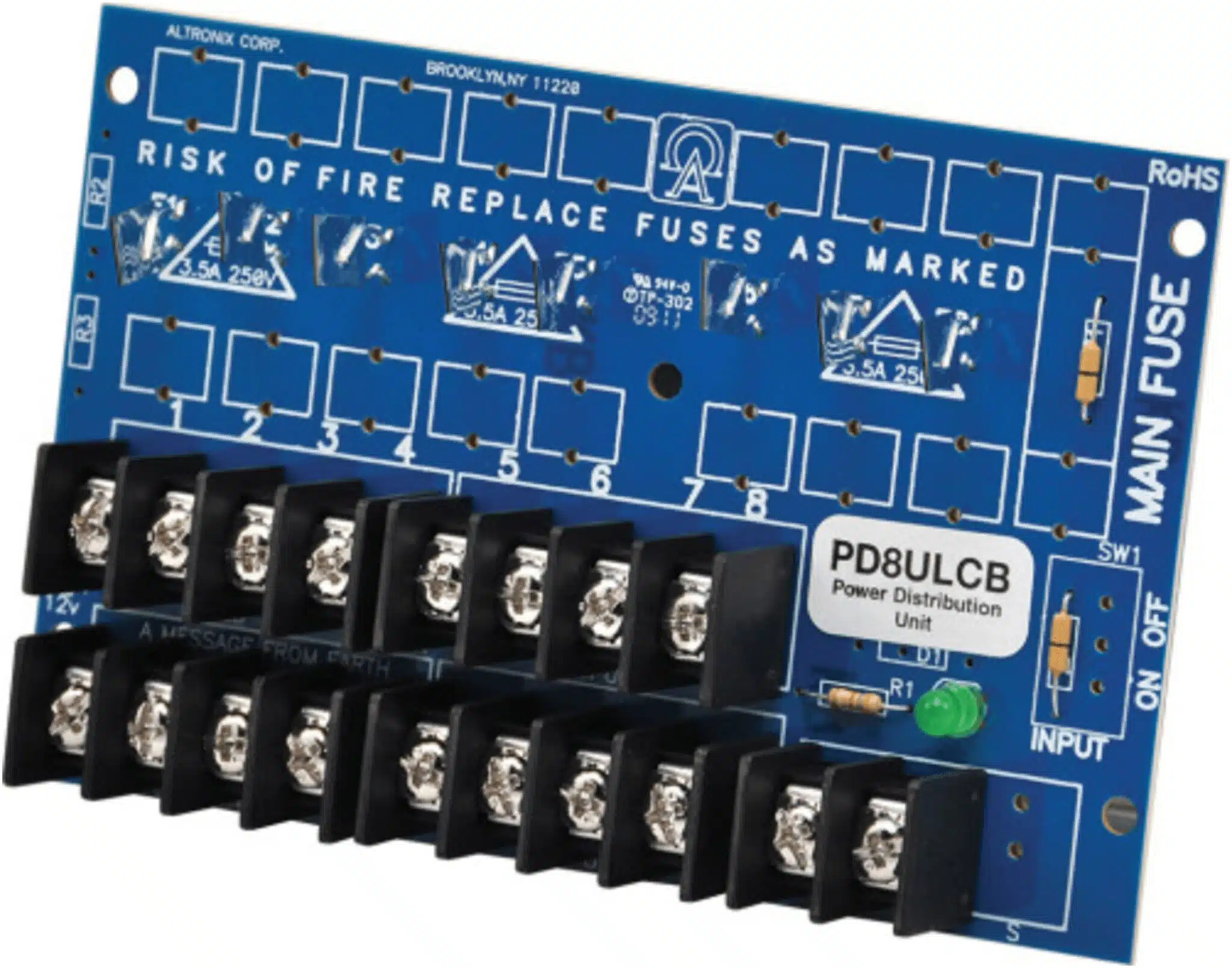 Módulo de Distribución de Energía UL PD8ULCB / 8 Salidas Clase 2 PTC Protegidas / Entrada 12-24VDC o 24-28VAC / Auto-resetable / Montaje Incluido / Garantía de Por Vida Módulo de Distribución de Energía UL PD8ULCB / 8 Salidas Clase 2 PTC Protegidas / Entrada 12-24VDC o 24-28VAC / Auto-resetable / Montaje Incluido / Garantía de Por Vida - Imagen 1