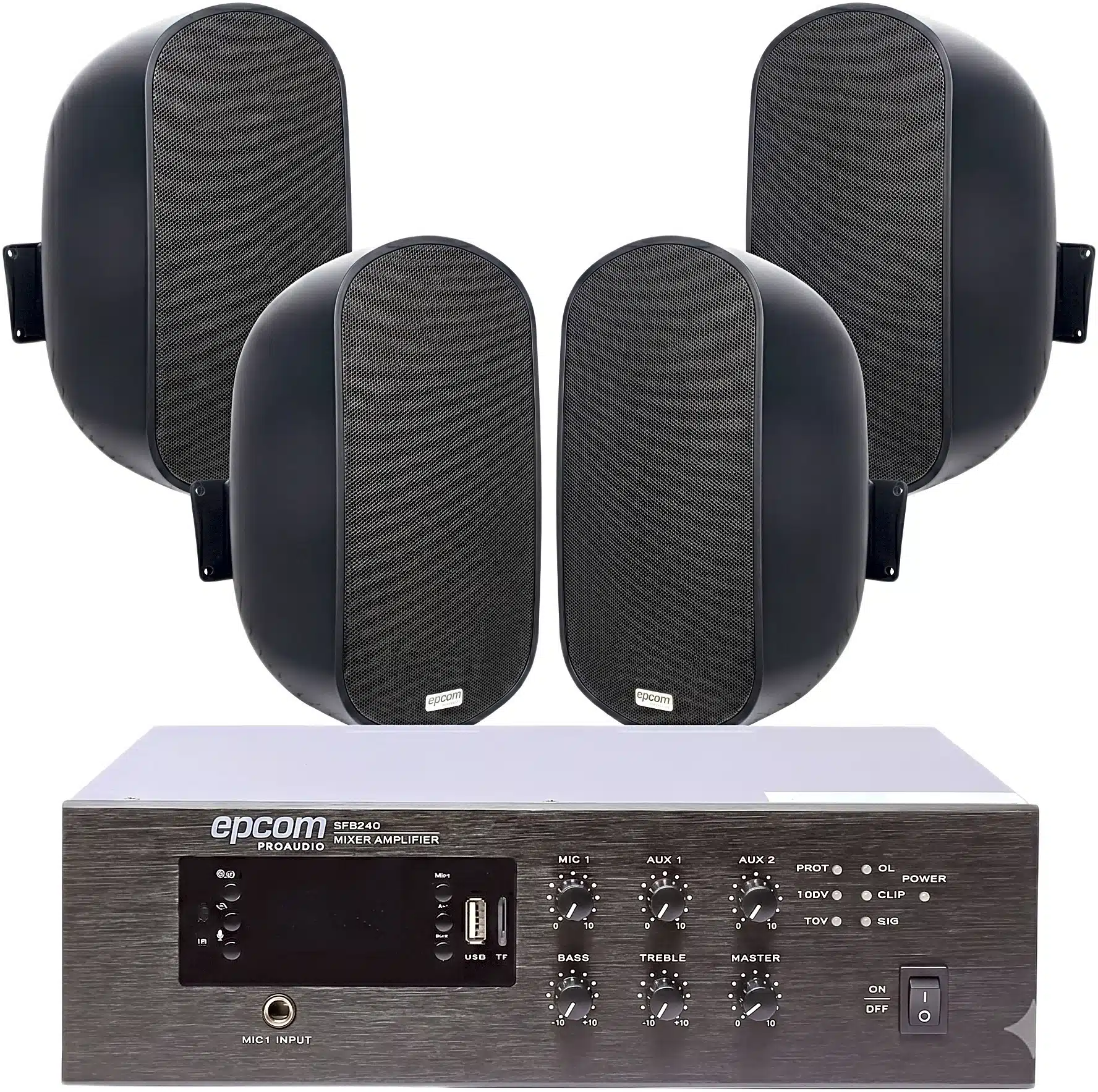 KIT de Amplificador de 240W para Escritorio | 4 Altavoces de Pared color Negro 3W - 50W | Sistema 70/100V KIT de Amplificador de 240W para Escritorio | 4 Altavoces de Pared color Negro 3W - 50W | Sistema 70/100V - Imagen 1