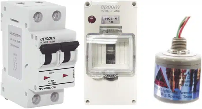Kit de Centro de Carga Para Corriente Directa, Breaker de hasta  800 Vcc de 32 A con Supresor de Descargas Atmosféricas.